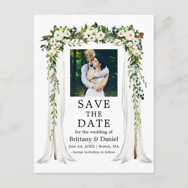 Bröllop Baldakin Båge Vattenfärg Grön Vit Blommig Meddelande Vykort (Framsida)