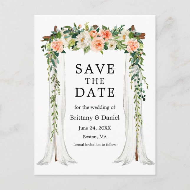 Bröllop Baldakin Båge Vattenfärg Korall Vit Blomma Meddelande Vykort (Framsida)