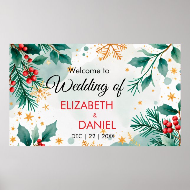 Bröllop-banderollen med vattendfärg jul med Holly Poster (Framsidan)