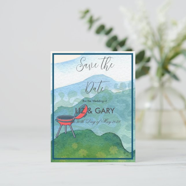 Bröllop Barbecue Watercolor- Spara datum Vykort (Stående Fram)