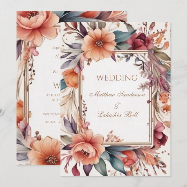 Bröllop Beval Modern Boho-Blommigten blommor 2 Inbjudningar (Fram/baksida)