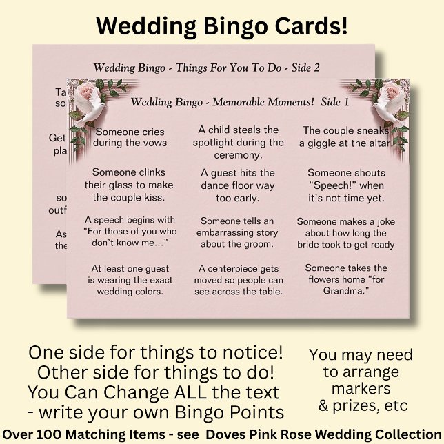 Bröllop BINGO!  Spel för gäster Duvor Rosor Rosa Kort (Skapare uppladdad)