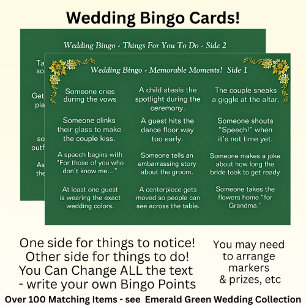 Bröllop BINGO! Spel för gäster Smaragdgrön Kort