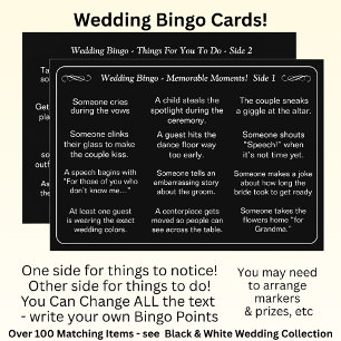 Bröllop BINGO! Spel för gäster Svart Vitt Kort