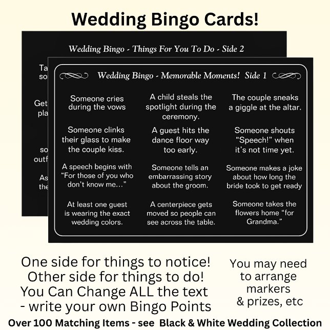 Bröllop BINGO!  Spel för gäster Svart Vitt  Kort (Skapare uppladdad)