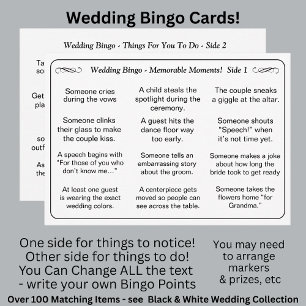 Bröllop BINGO! Spel för gäster Svart Vitt Kort