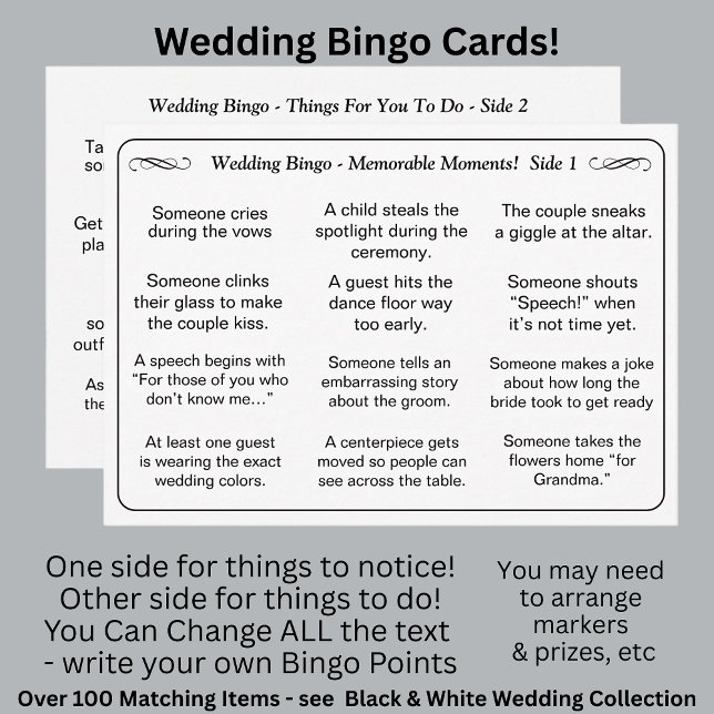 Bröllop BINGO!  Spel för gäster Svart Vitt  Kort (Skapare uppladdad)