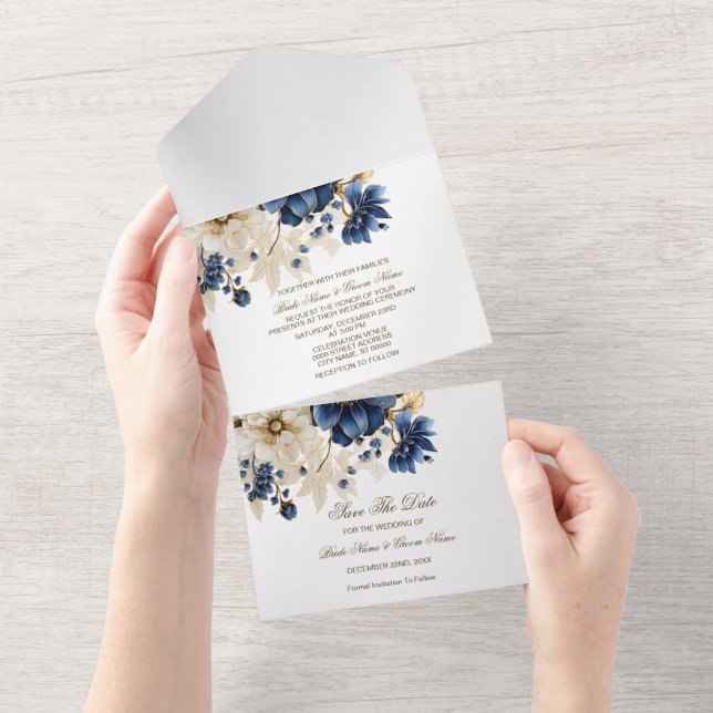 Bröllop, blå gulvit Golden Blommigt Silver (Avrivbar del)