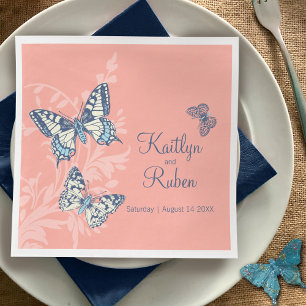 Bröllop bläck art butterflies coral och muted blue pappersservett