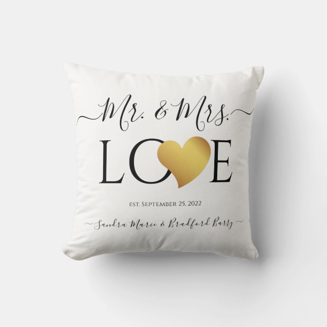 Bröllop Black Guld Heart-skriften Namn Mr. och Mrs Kudde (Framsida)