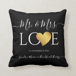 Bröllop Black Guld Heart-skriften Namn Mr. och Mrs Kudde