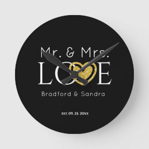 Bröllop Black Guld Heart-skriften Namn Mr. och Mrs Rund Klocka