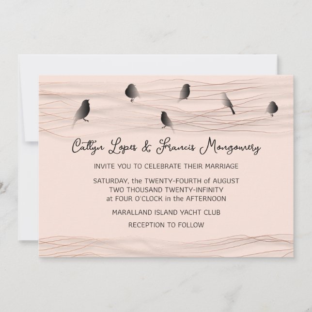 Bröllop Black Ro Powder Fåglar med ömtåligt Linjer Inbjudningar (Framsida)