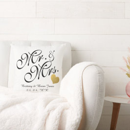 Bröllop Black Script Guld Heart Namn Mr. och Mrs. Kudde