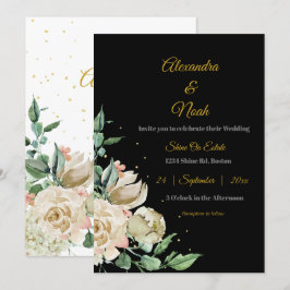 Bröllop Black White Elegant Blommigt Rosa Chic Ro Inbjudningar