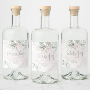 Bröllop   Blek Grönt Foliage  Rosa ros Spritflaskor Etikett