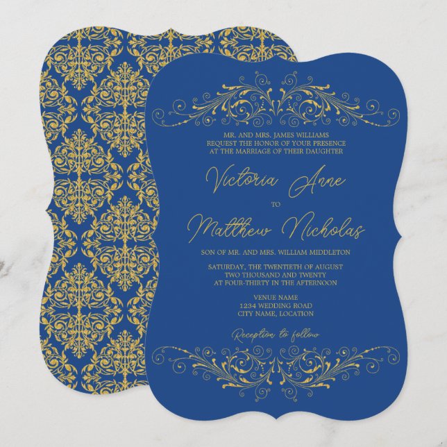 Bröllop Bleu och Faux Guld Flourish Damask Inbjudningar (Fram/baksida)