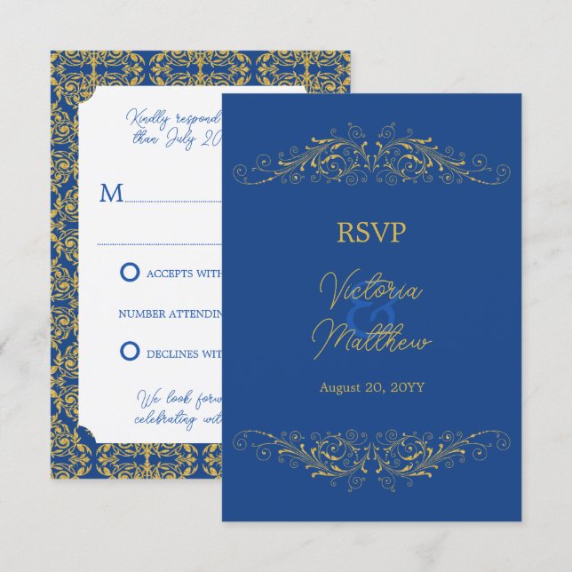 Bröllop Bleu och Guld Flourish Damask RSVP Inbjudningar (Fram/baksida)