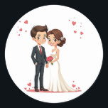 Bröllop Bliss Stickers Runt Klistermärke<br><div class="desc">Hårdlingsdekaler med bröllop-teman som har en charmeringsbrid och en groom omgiven av flytande hjärtan.</div>