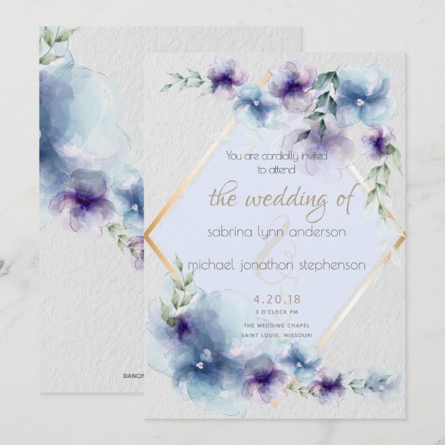 Bröllop | Blommigt av blå och violett vattenfärg Inbjudningar (Fram/baksida)