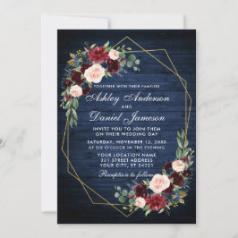 Bröllop Blommigt Blue Wood Photo Back Guld Geometr Inbjudningar