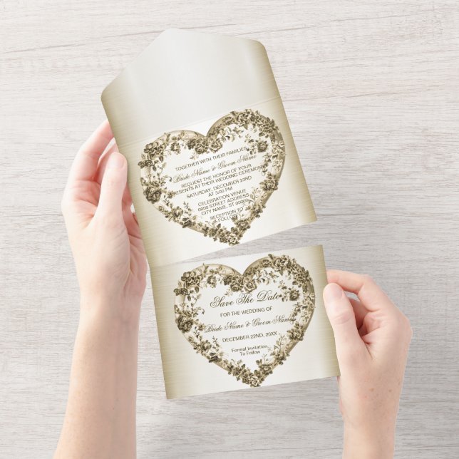 Bröllop Blommigt Golden Ornate Heart Ram Elegant (Tearaway)