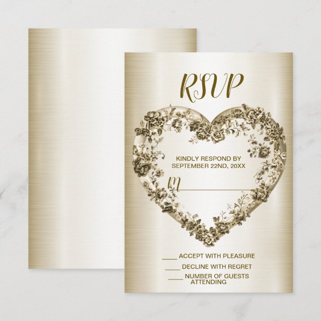 Bröllop Blommigt Golden Ornate Heart Ram Elegant OSA Kort (Fram/baksida)
