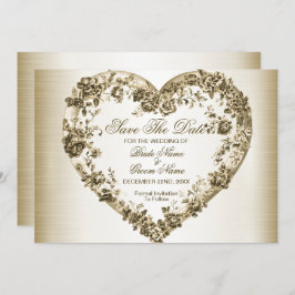 Bröllop Blommigt Golden Ornate Heart Ram Elegant Spara Datumet