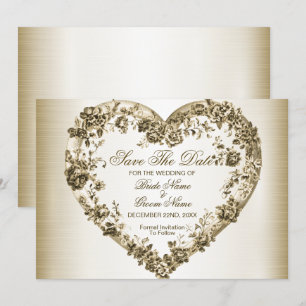 Bröllop Blommigt Golden Ornate Heart Ram Elegant Spara Datumet