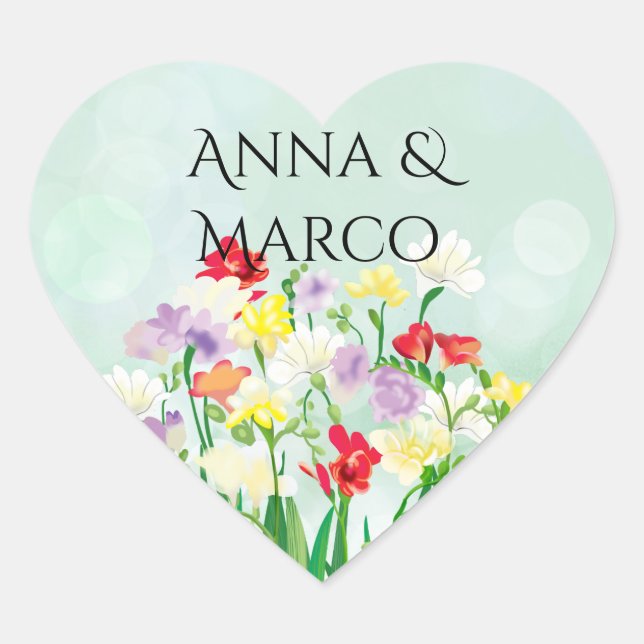 Bröllop blommigt-inbjudan hjärtformat klistermärke (Framsida)