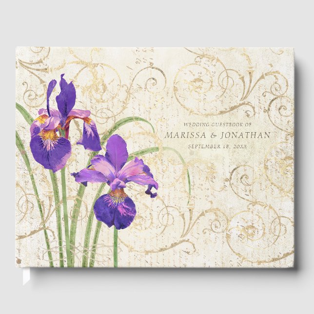 Bröllop Blommigt Lila Iris Guld Damask Gästböcker (Framsida)