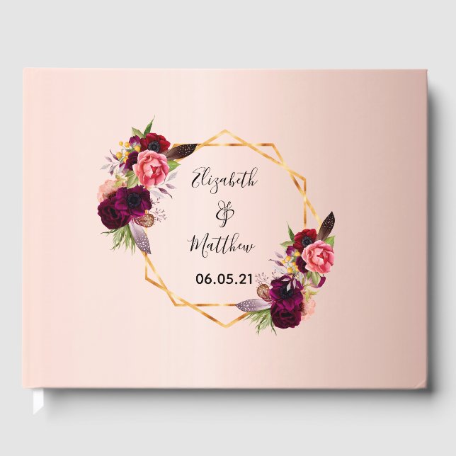 Bröllop blommigt ro guld, geometrisk burgundi gästböcker (Framsida)