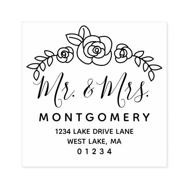Bröllop Blommigt Ro & Mrs Returadress Stämpel (Tryck)