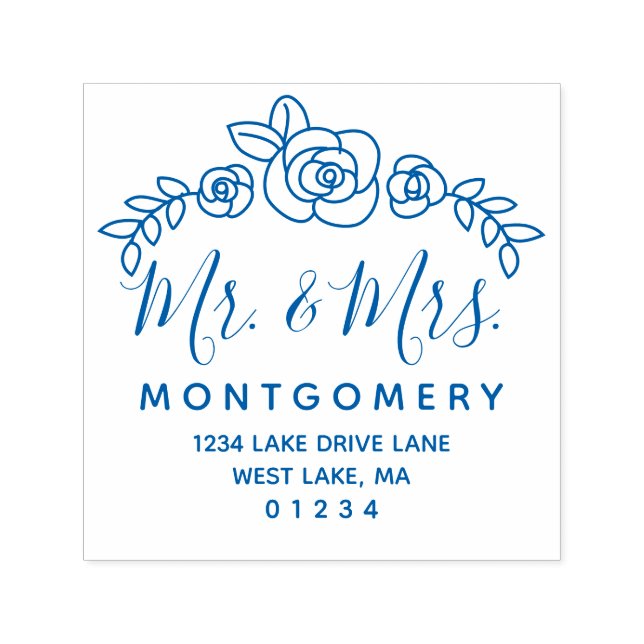 Bröllop Blommigt Ro Vine Mr. & Mrs Returadress Självfärgande Stämpel (Design)