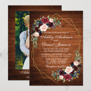 Bröllop Blommigt Rustic Wood Geometric Guld Photo Inbjudningar