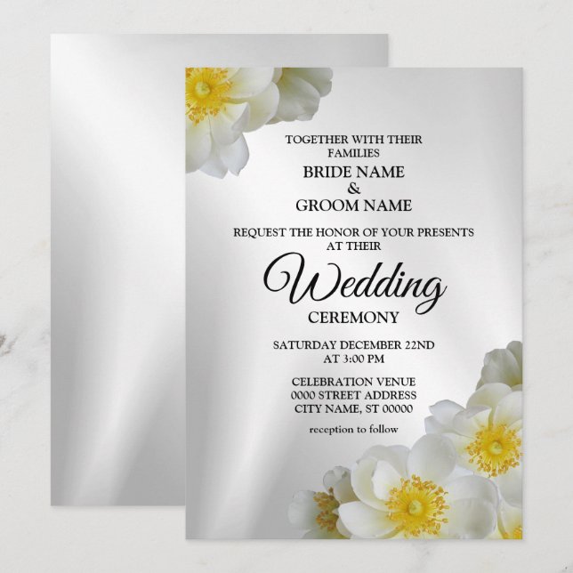Bröllop Blommigt Vita Gulten Silver Elegant Rustic Inbjudningar (Fram/baksida)