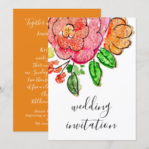 Bröllop Blommigt Watercolor Orange Ro Glitter Inbjudningar