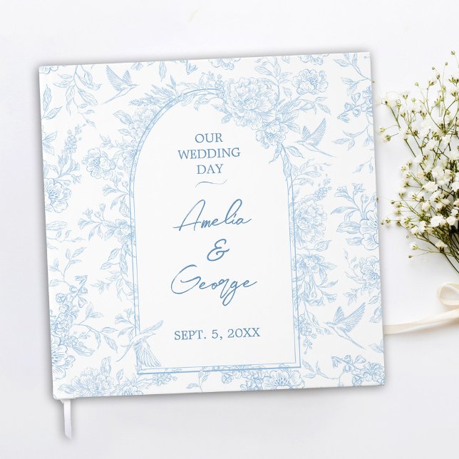 Bröllop Blue and White Fransk Toile Guest Bok (French Toile Inspired Blue and White Wedding Guestbook Front)