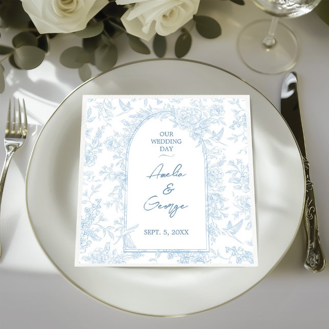 Bröllop Blue and White Fransk Toile Pappersservett (French Toile Inspired Wedding Paper Napkin)