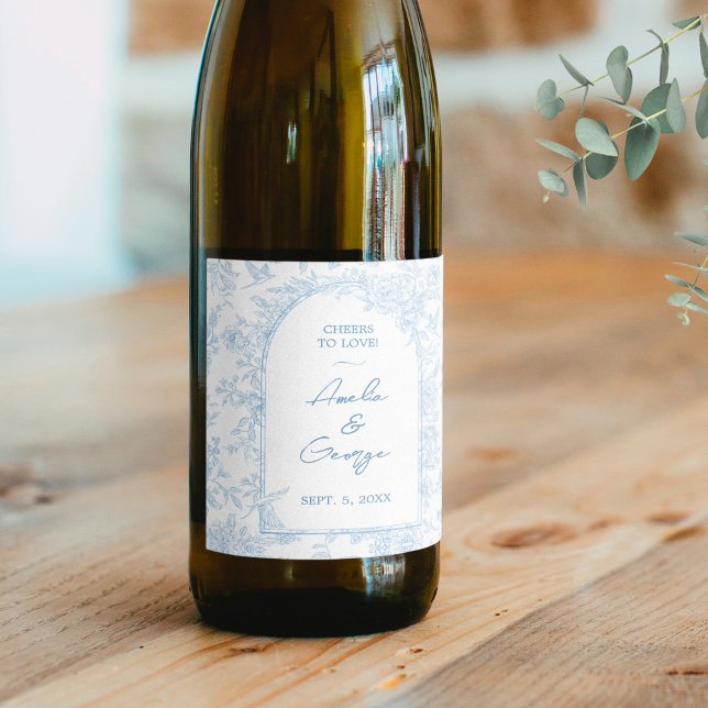 Bröllop Blue and White Fransk Toile Vinflaska Etikett (Wedding Blue and White French Toile Wine Label)