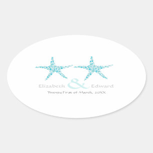 Bröllop Blue Aqua Starfish Beach Spara datum Ovalt Klistermärke