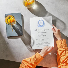 Bröllop Blue Blommigt Vapensköld Calligraphy Monog Inbjudningar