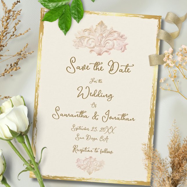 Bröllop Blush Guld Barock Vintage Mexikansk  Spara Datumet (Baroque Save the Date in blush and gold—ornate and timeless, evoking antique European artistry.)