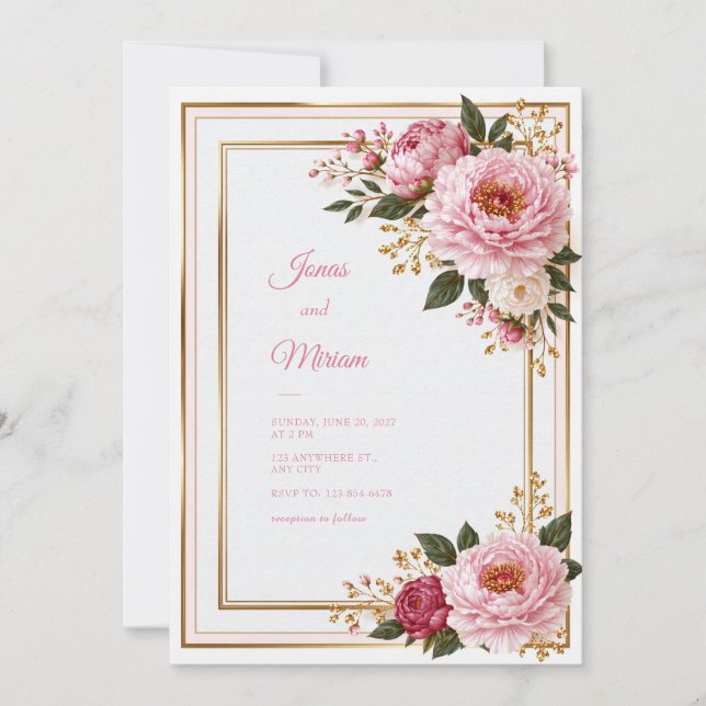 Bröllop - Blush Peony Guld Botanisk Ram Inbjudningar (Framsida)