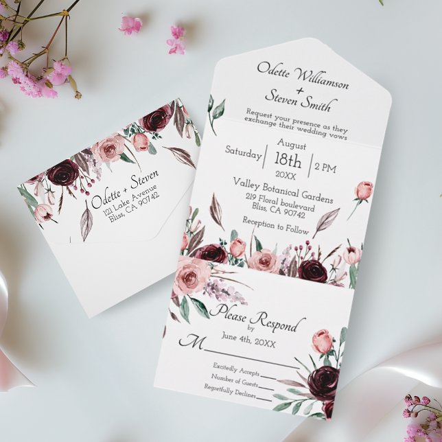 Bröllop Blush Rosa och Burgundy Blommig Akvarell  (Wedding Blush Pink and Burgundy Floral Watercolor All In One Invitation)