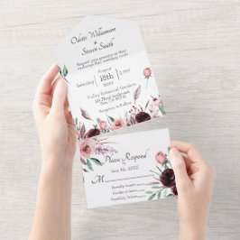 Bröllop Blush Rosa och Burgundy Blommig Akvarell