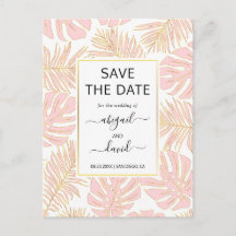 Bröllop blush rosa tropiska blad Save the Date