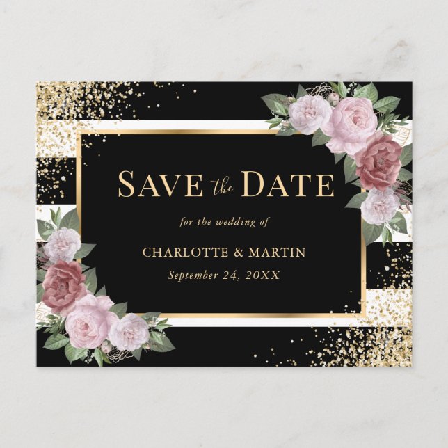 Bröllop Blush Svart Guld Blommig Save The Date Meddelande Vykort (Framsida)