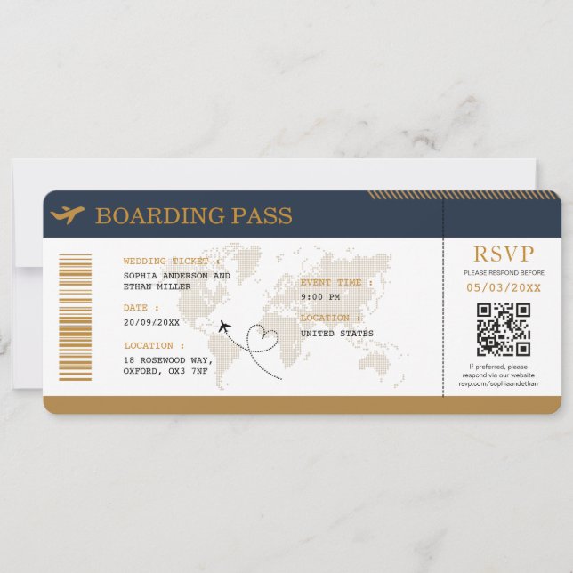 Bröllop Boarding Pass Bröllopsflyg Biljett Inbjudningar (Framsida)