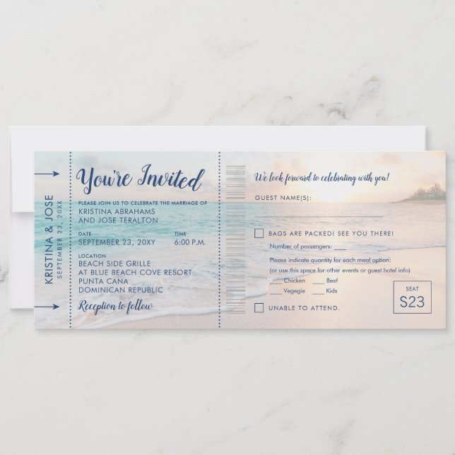 Bröllop Boarding Pass för Solnedgång vid Stranden  Inbjudningar (Framsida)